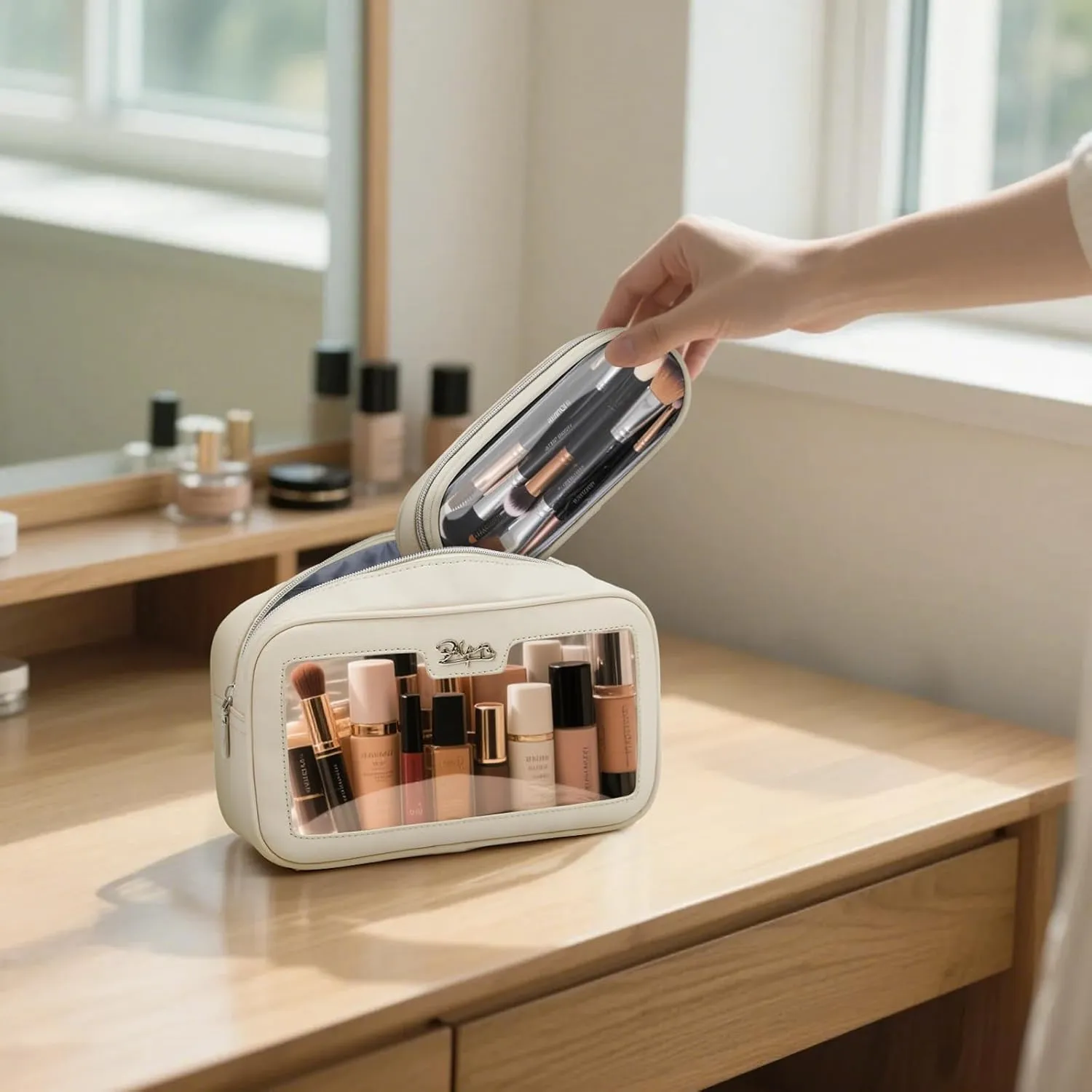 BOYATU Clear Travel Makeup Bag: 2 Pcs Set Make up Bag - Cosmetic Bags for Women - Waterproof Toiletry Bags Skincare Pouch (05-Off white)