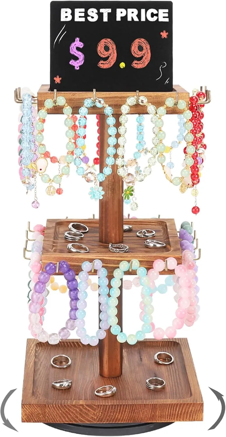 Bracelet Holder, 360?? Rotating Bracelet Holder Display Stand with Tray, Wooden Bracelet Organizer with 32 Hooks, 3-Tier Large Capacity Jewelry Display Tower for Vendors Sell Bracelet Keychain Earring