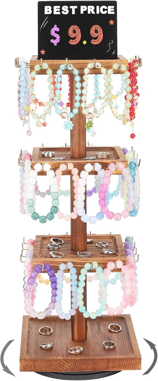 Bracelet Holder, 360?? Rotating Jewelry Holder Organzier with Tray, Wooden Jewelry Tower with 48 Hooks, 4-Tier Large Capacity Jewelry Display Stand for Vendors Sell Bracelet Keychain Earring