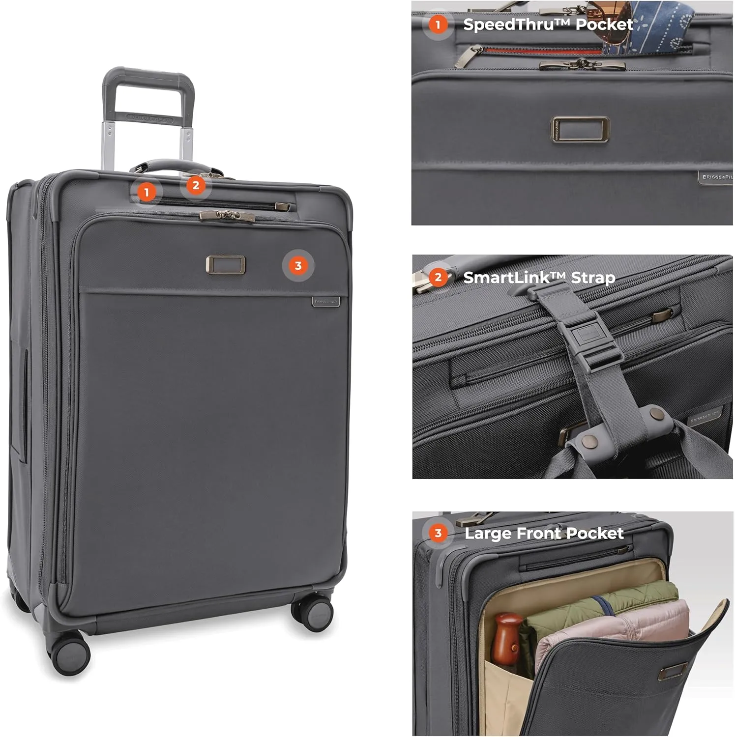 Briggs & Riley 29" Large Expandable Spinner - Checked Luggage for Travel, Suitcases with Wheels, Softside Rolling Bag for Men & Women, Self-Repairing Zipper - Baseline Collection, Steel Gray