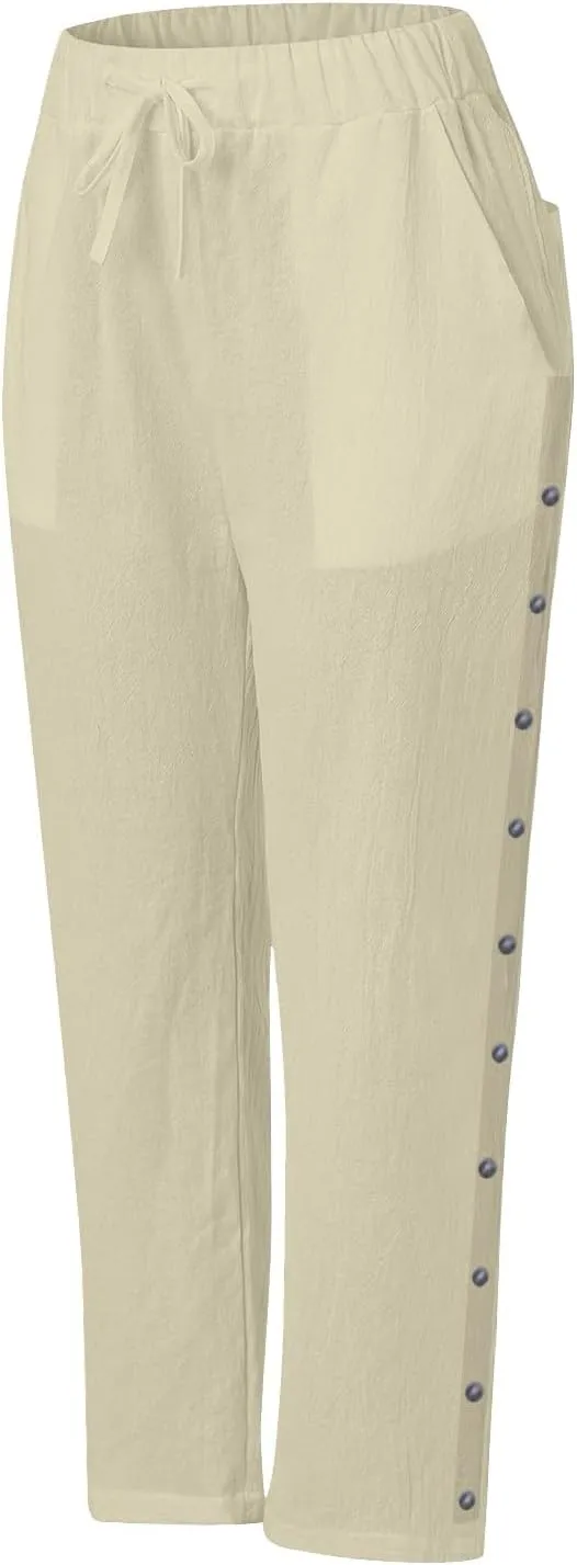 Capri Linen Pants Women Casual Summer Drawstring Elastic Linen Pant Straight Wide Leg Cropped Pants