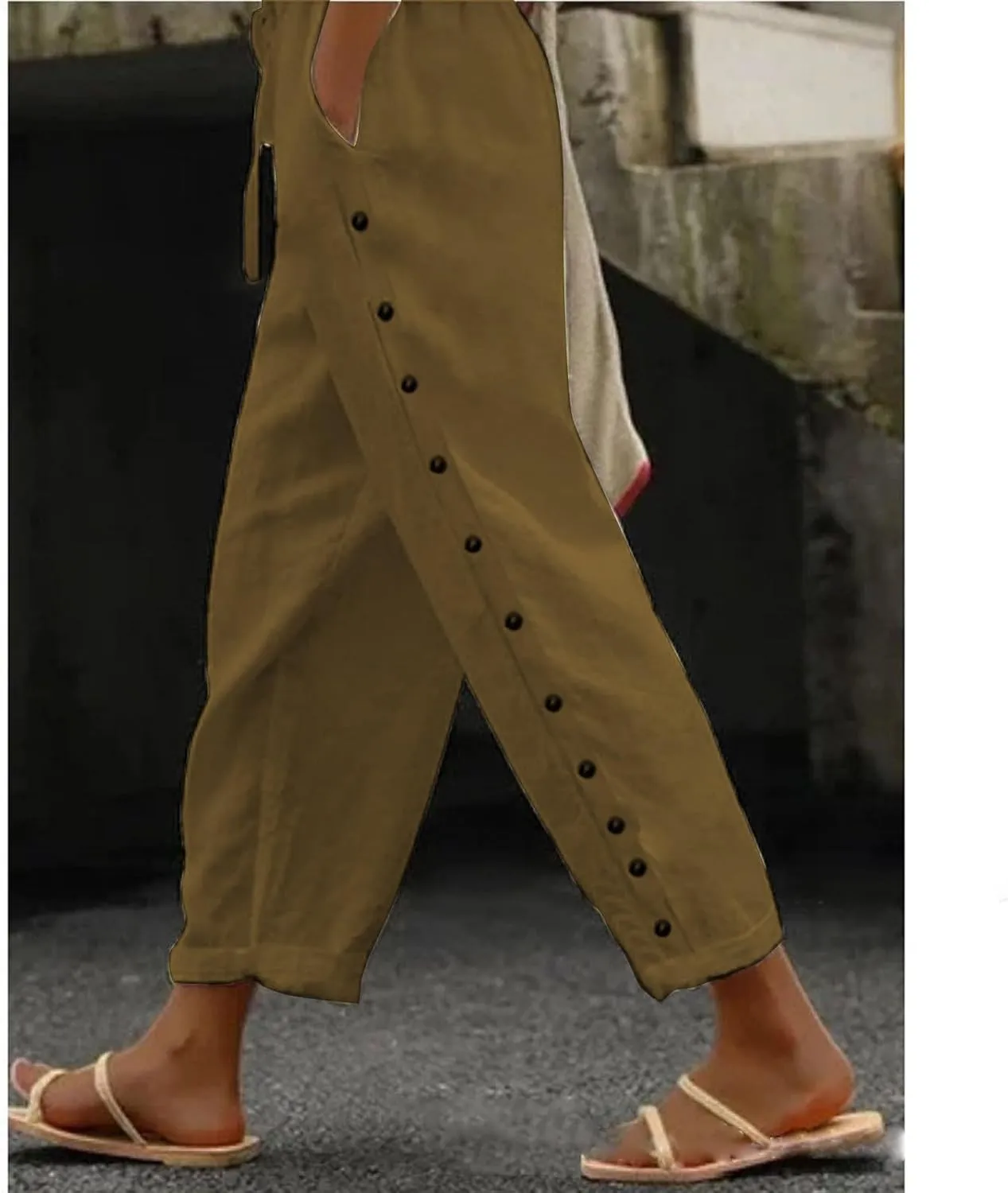 Capri Linen Pants Women Casual Summer Drawstring Elastic Linen Pant Straight Wide Leg Cropped Pants