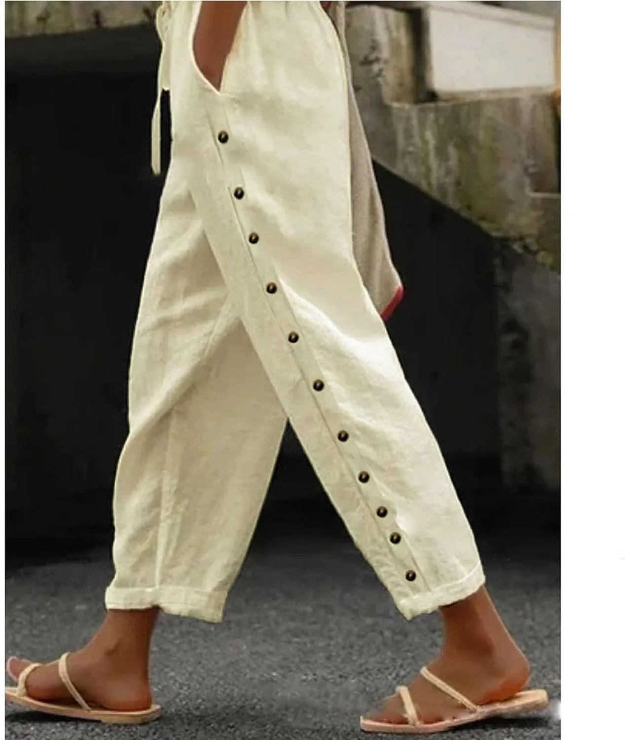 Capri Linen Pants Women Casual Summer Drawstring Elastic Linen Pant Straight Wide Leg Cropped Pants