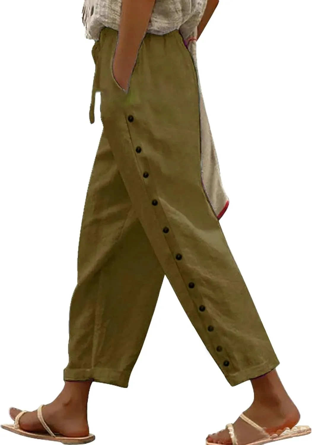 Capri Linen Pants Women Casual Summer Drawstring Elastic Linen Pant Straight Wide Leg Cropped Pants