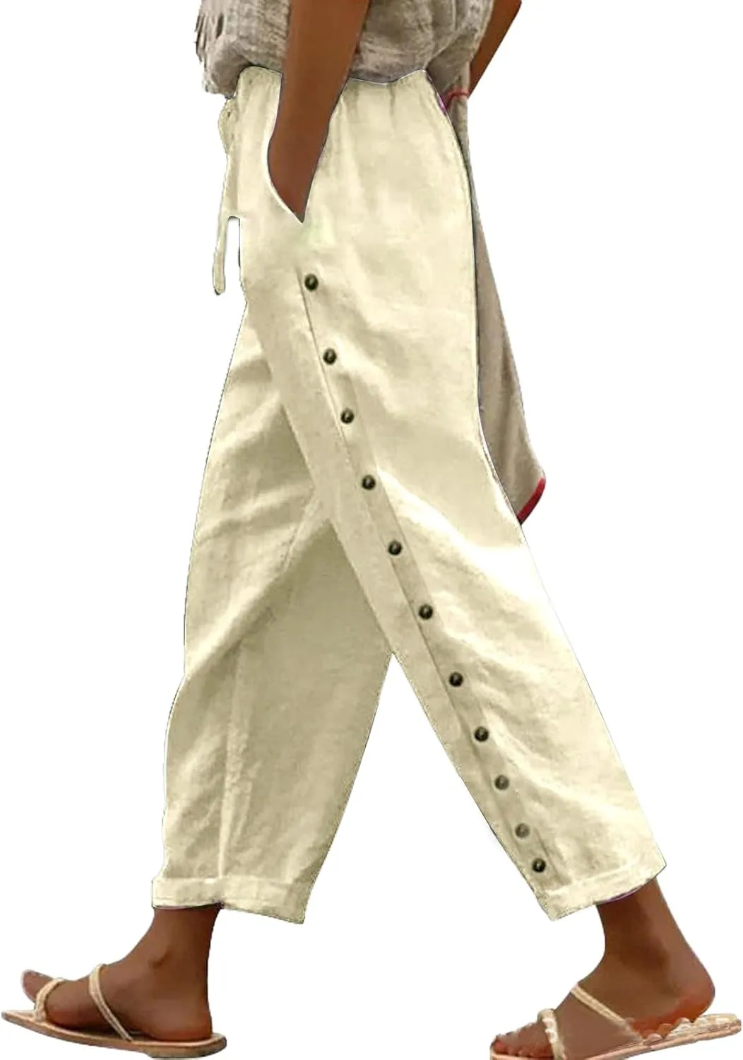 Capri Linen Pants Women Casual Summer Drawstring Elastic Linen Pant Straight Wide Leg Cropped Pants