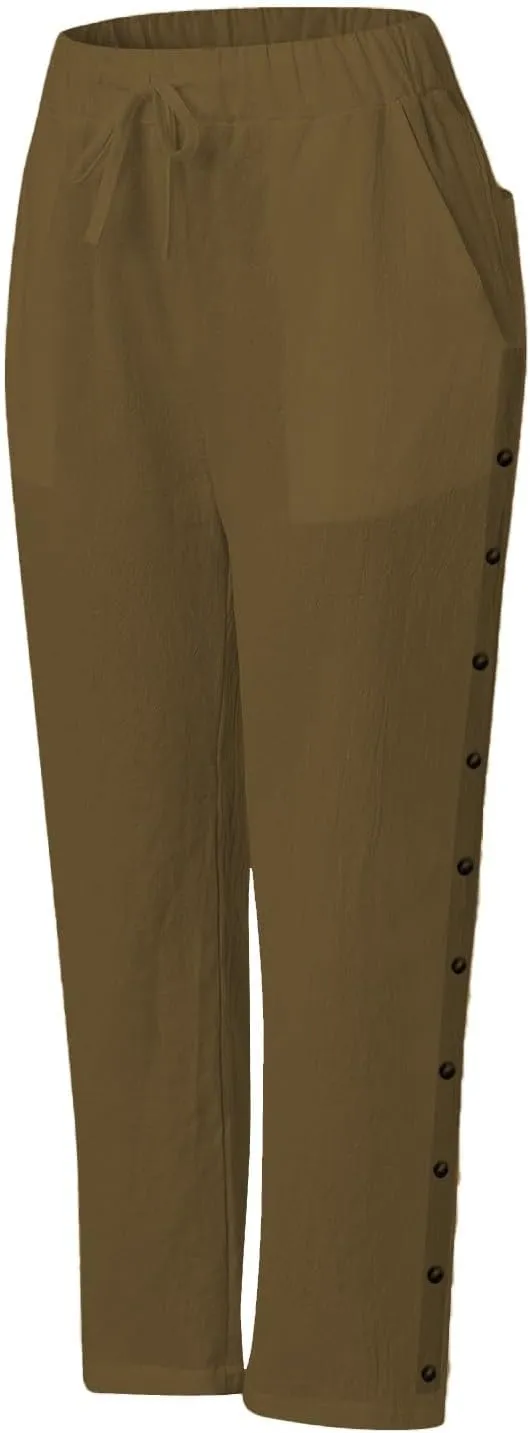 Capri Linen Pants Women Casual Summer Drawstring Elastic Linen Pant Straight Wide Leg Cropped Pants