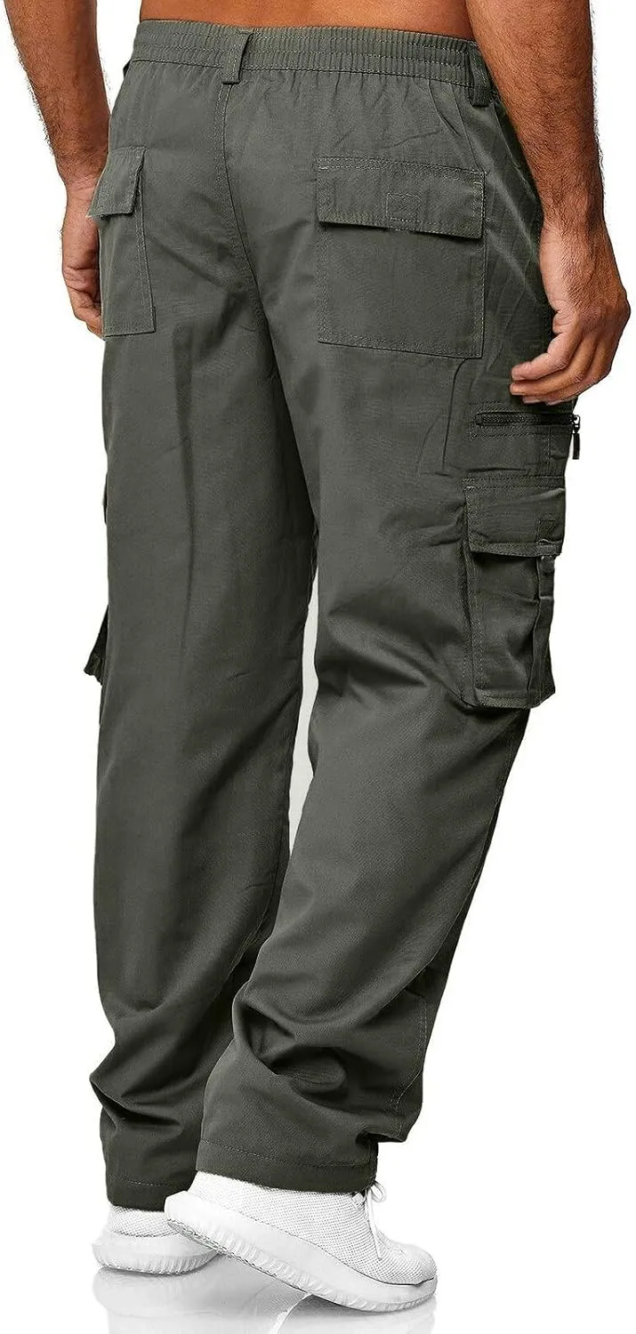 Cargo Pants for Men Cotton Jogger Elastic Waist Trousers Outdoor Twill Camo Bottoms Zipper with Button Closure