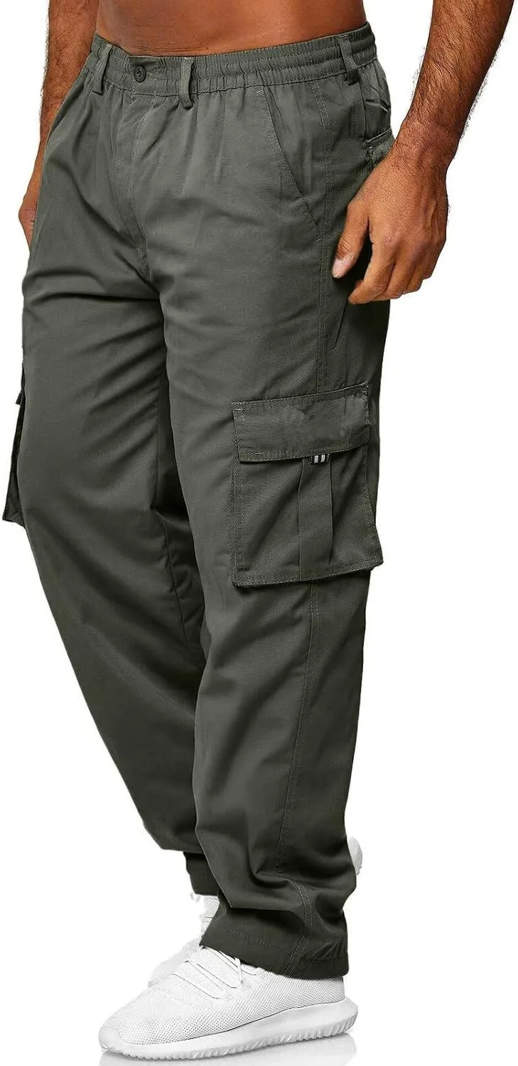 Cargo Pants for Men Cotton Jogger Elastic Waist Trousers Outdoor Twill Camo Bottoms Zipper with Button Closure