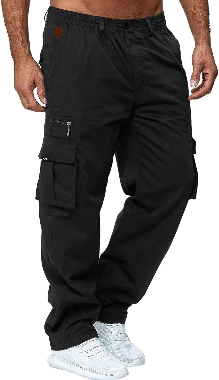 Cargo Pants for Men Cotton Jogger Elastic Waist Trousers Outdoor Twill Camo Bottoms Zipper with Button Closure