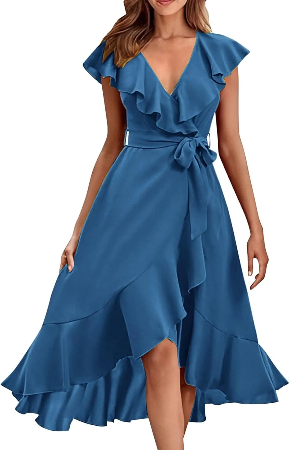 Casual Summer Dresses for Women 2025,Women's Wrap Midi Solid Color Dress Boho Deep V Neck Wedding Guest Long Dresses