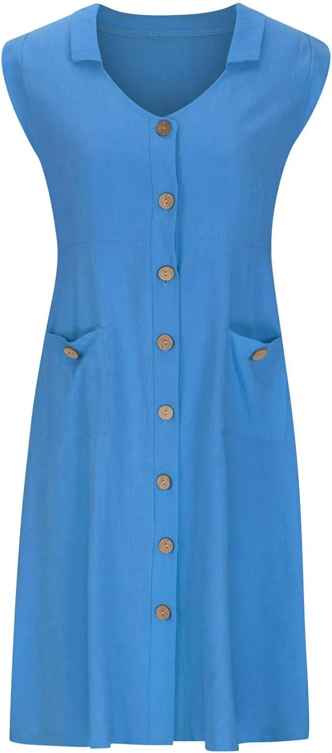 Ceboyel Womens 2023 Button Down Tank Dress Cotton Linen Midi Dresses Lapel V Neck Casual Dress Trendy Summer Outfits