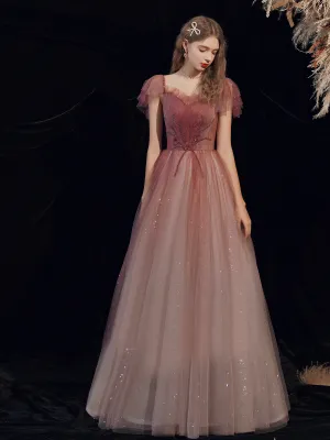 Chic A-line Off Shoulder Long Prom Dresses Tulle Long Formal Gowns Evening Dress OSTY066