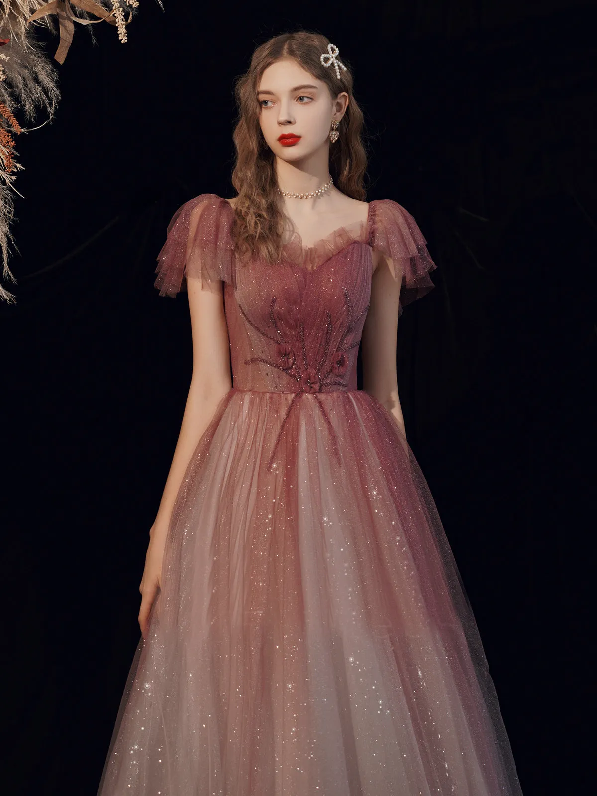 Chic A-line Off Shoulder Long Prom Dresses Tulle Long Formal Gowns Evening Dress OSTY066