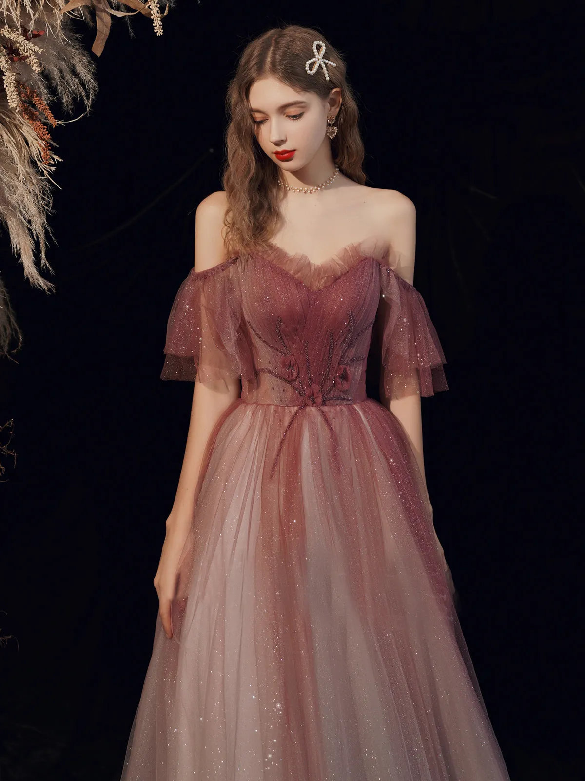 Chic A-line Off Shoulder Long Prom Dresses Tulle Long Formal Gowns Evening Dress OSTY066