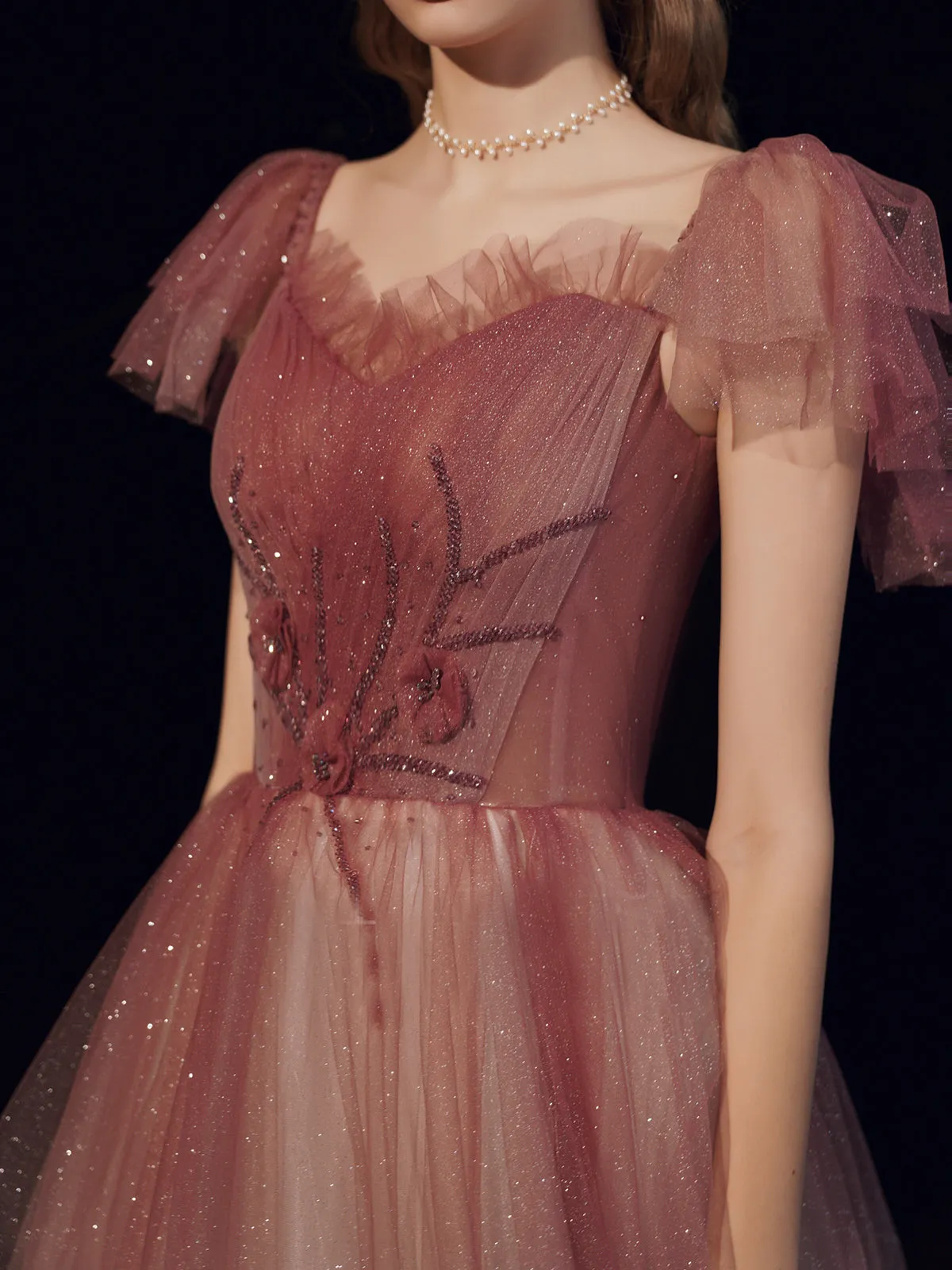 Chic A-line Off Shoulder Long Prom Dresses Tulle Long Formal Gowns Evening Dress OSTY066
