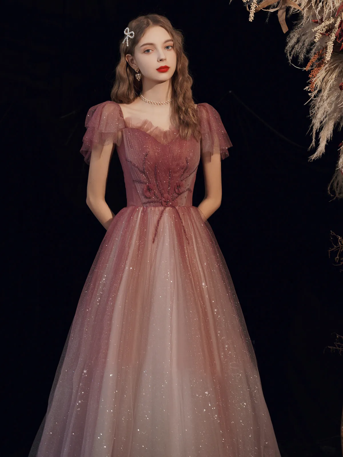 Chic A-line Off Shoulder Long Prom Dresses Tulle Long Formal Gowns Evening Dress OSTY066