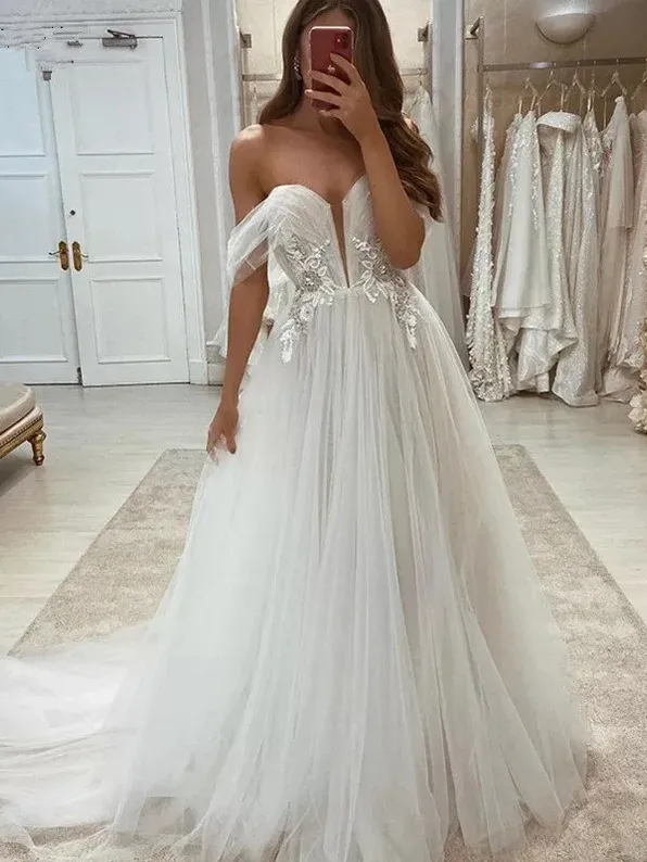 Chic A-line Off-the-shoulder Tulle Lace Wedding Dress Tulle Rustic Wedding Gowns JKW129