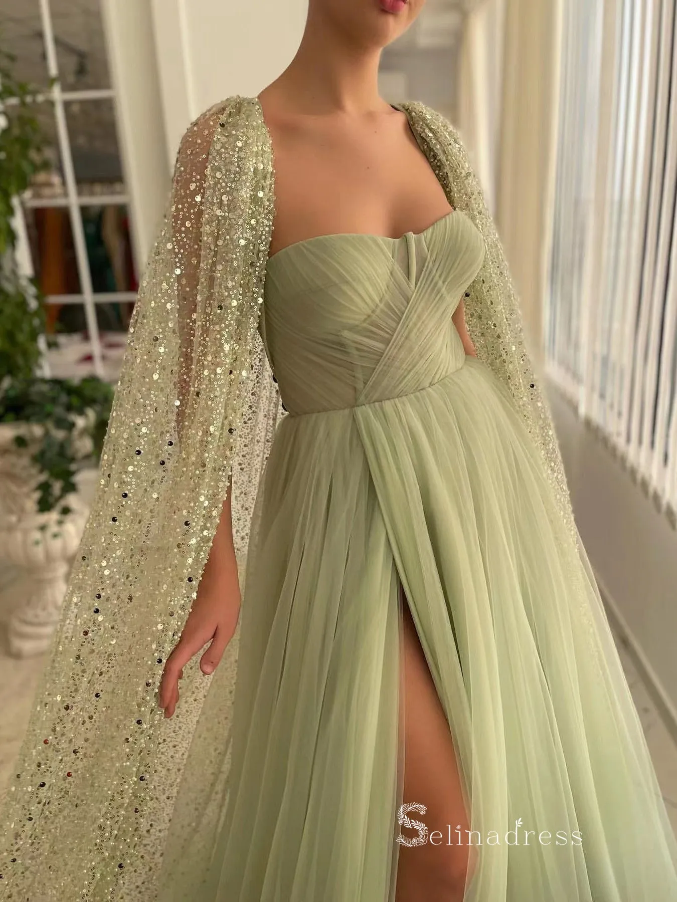 Chic A-line Sage Long Prom Dresses Modest Long Evening Gowns MLK020