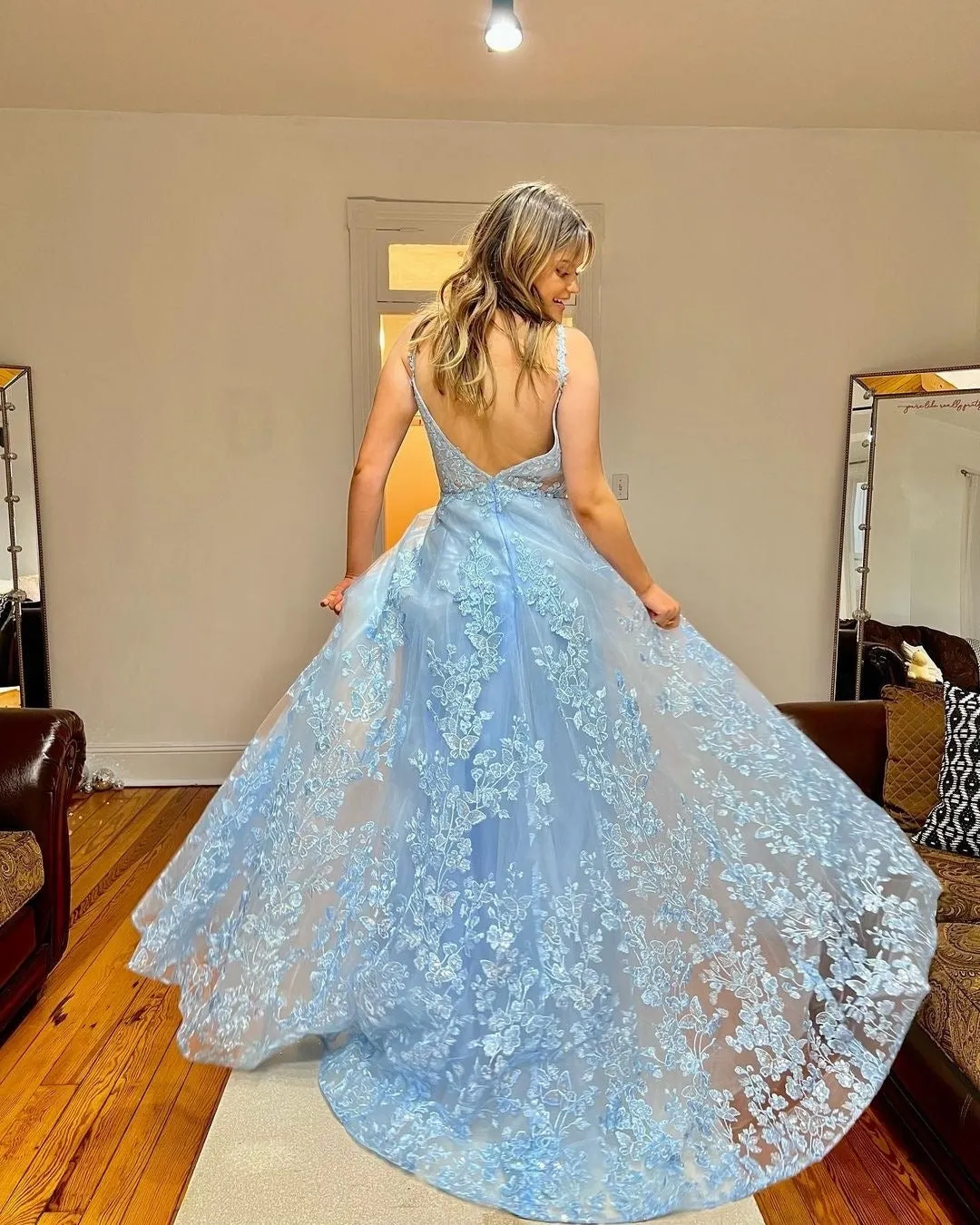 Chic A-line Spaghetti Straps Applique Lace Long Prom Dress Light Sky Blue Elegant Evening Dress #JKSS53