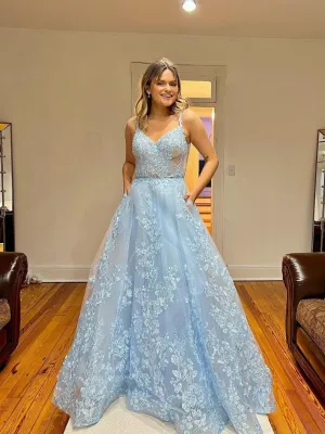 Chic A-line Spaghetti Straps Applique Lace Long Prom Dress Light Sky Blue Elegant Evening Dress #JKSS53