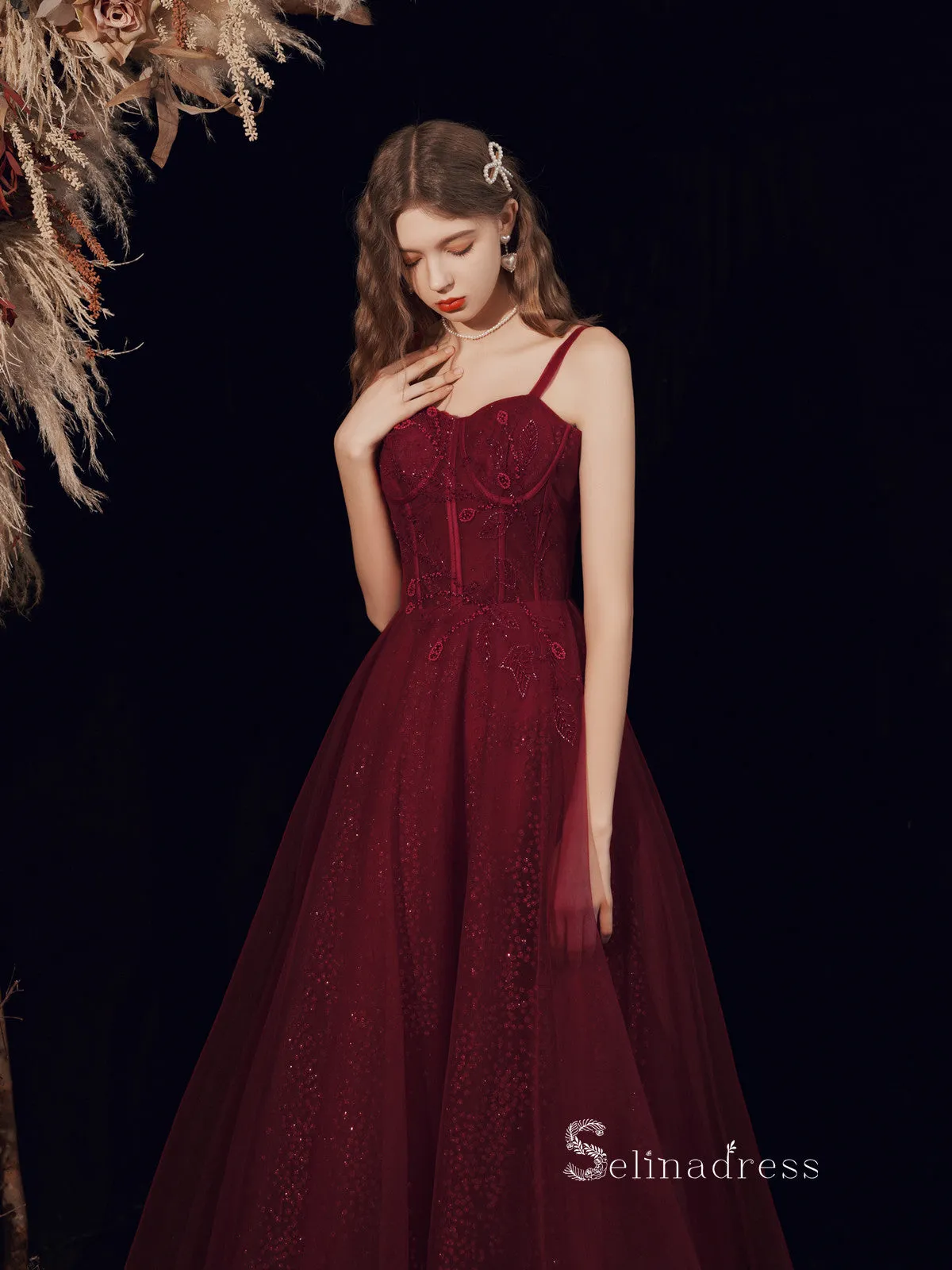 Chic A-line Spaghetti Straps Burgundy Long Prom Dresses Unique Formal Gowns CBD113