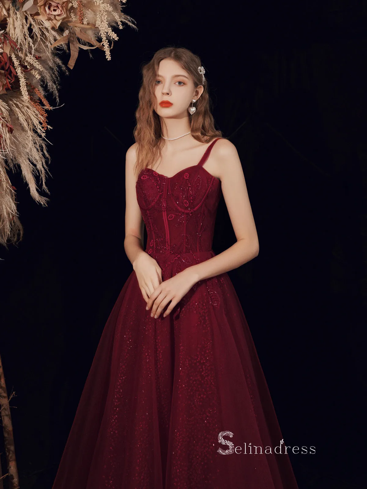 Chic A-line Spaghetti Straps Burgundy Long Prom Dresses Unique Formal Gowns CBD113