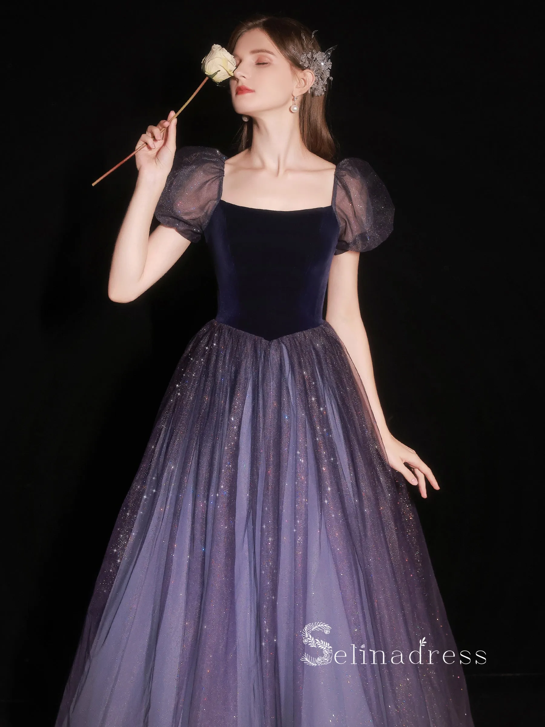 Chic A-line Square Navy Blue Long Prom Dress Cheap Tulle Evening Gowns JKR014
