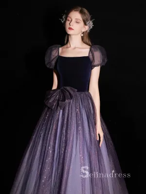 Chic A-line Square Navy Blue Long Prom Dress Cheap Tulle Evening Gowns JKR014