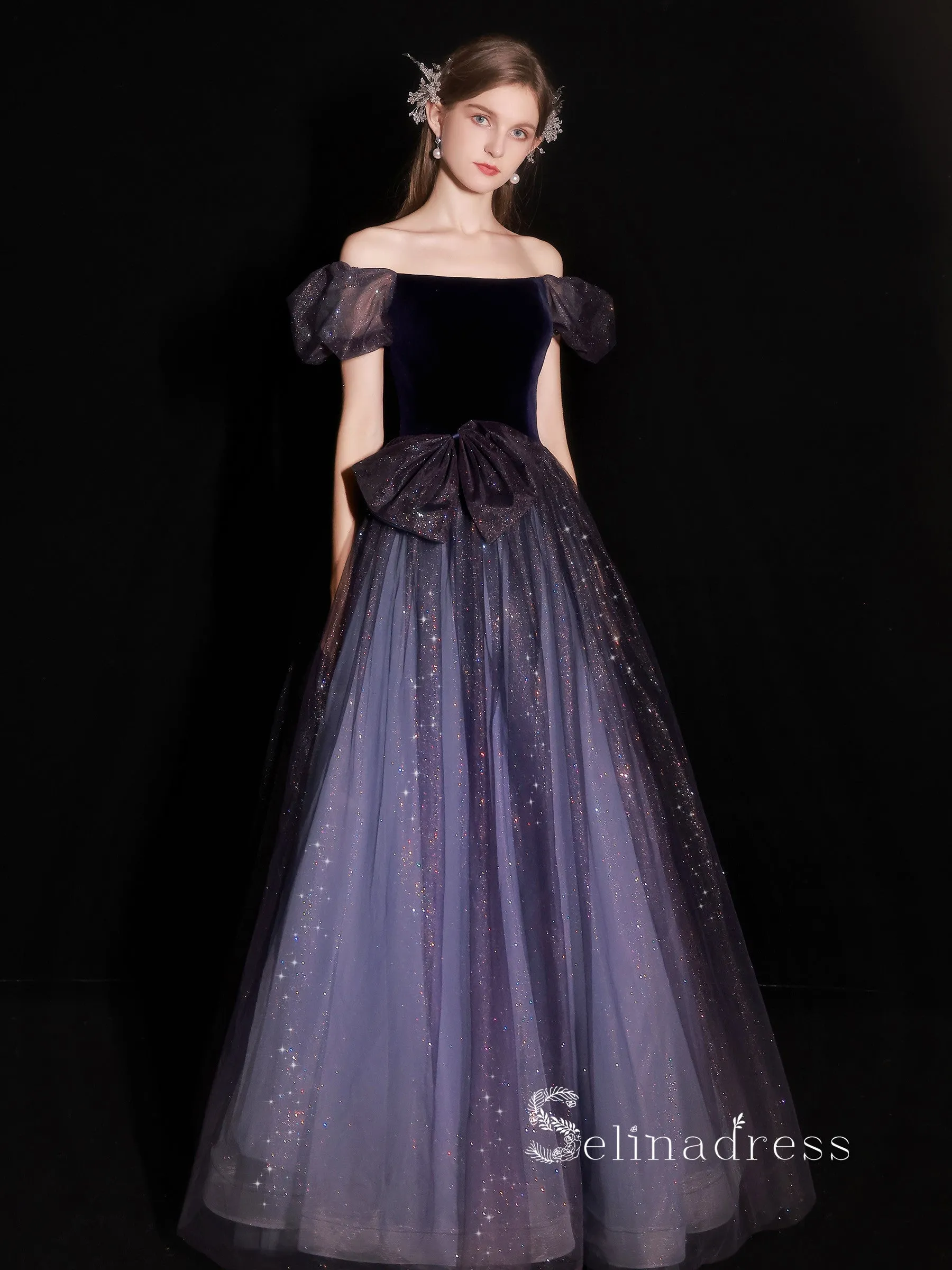 Chic A-line Square Navy Blue Long Prom Dress Cheap Tulle Evening Gowns JKR014