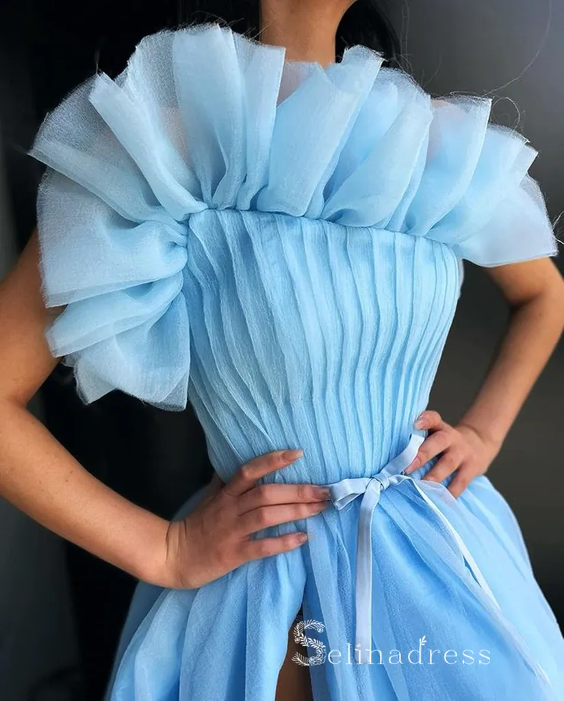 Chic A-line Strapless Light Sky Blue Gorgeous Long Prom Dresses Evening Dresses MLH1230