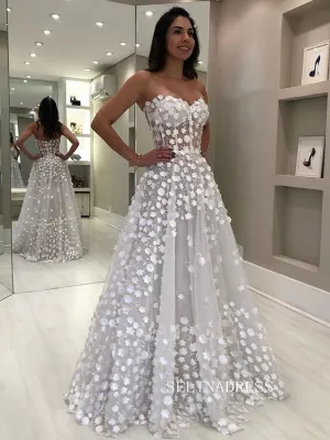 Chic A-line Sweetheart 3D Floral Lace Wedding Dress Rustic Bridal Gowns JKW206