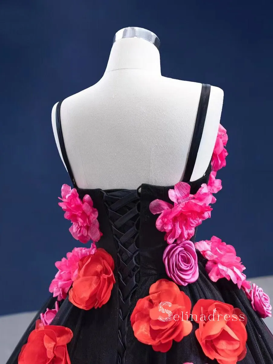 Chic Ball Gown luxury Princess Prom Dress With Hand Made Flower Black Long Evening Gowns MLSD003