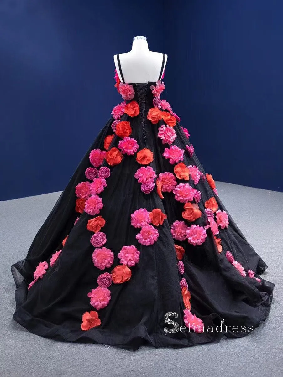Chic Ball Gown luxury Princess Prom Dress With Hand Made Flower Black Long Evening Gowns MLSD003