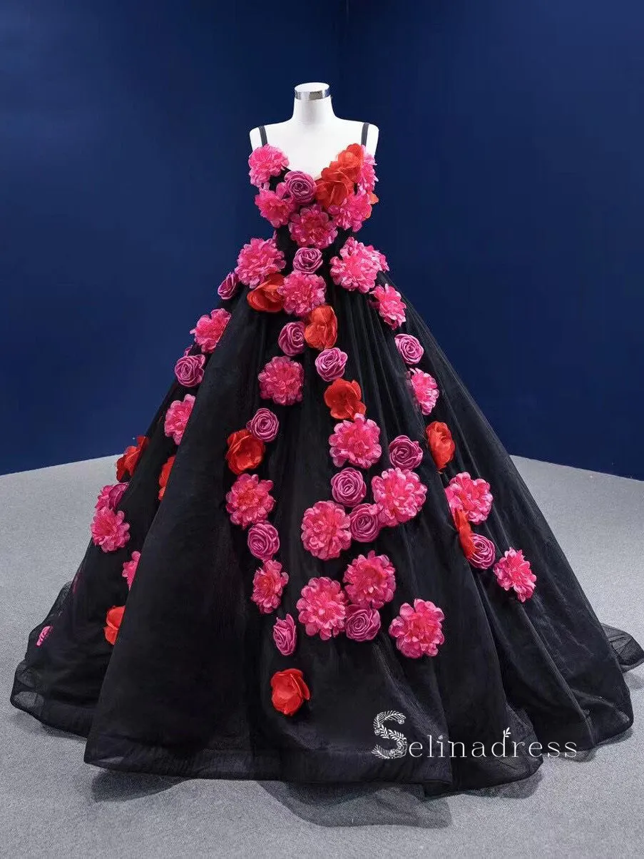 Chic Ball Gown luxury Princess Prom Dress With Hand Made Flower Black Long Evening Gowns MLSD003