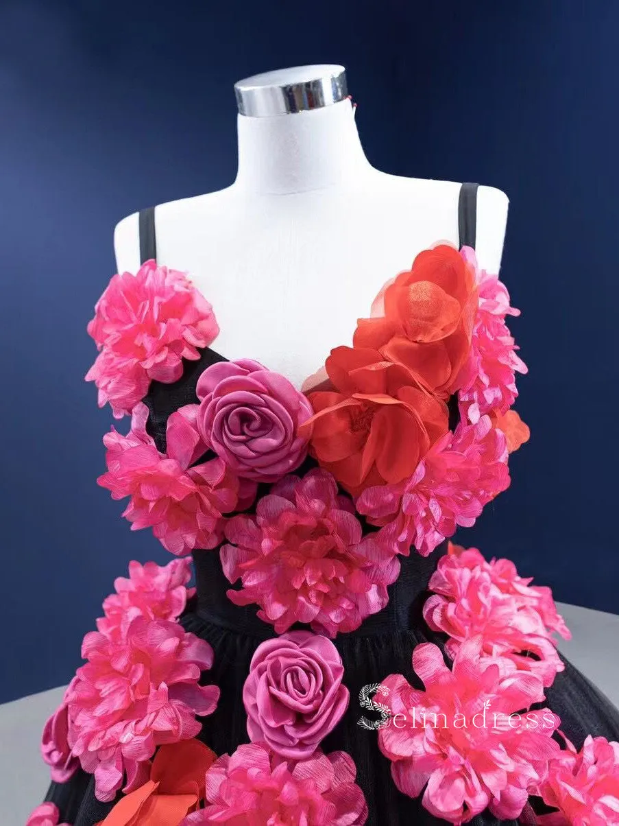 Chic Ball Gown luxury Princess Prom Dress With Hand Made Flower Black Long Evening Gowns MLSD003
