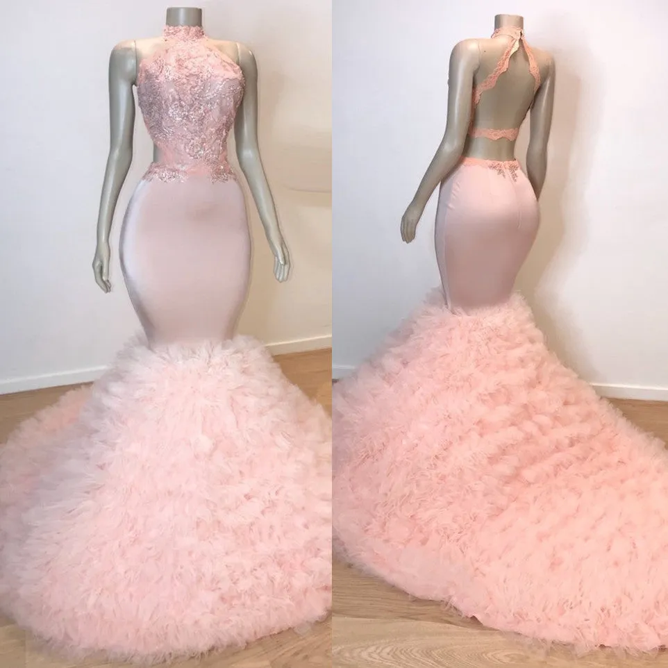 Chic Halter Pink Mermaid Prom Dresses | Lace Tulle Evening Gowns BC0983