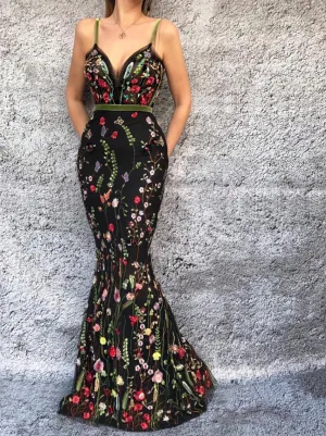 Chic Mermaid Spaghetti Straps 3D Floral Long Prom Dresses Black Evening Formal Dresses KTS053