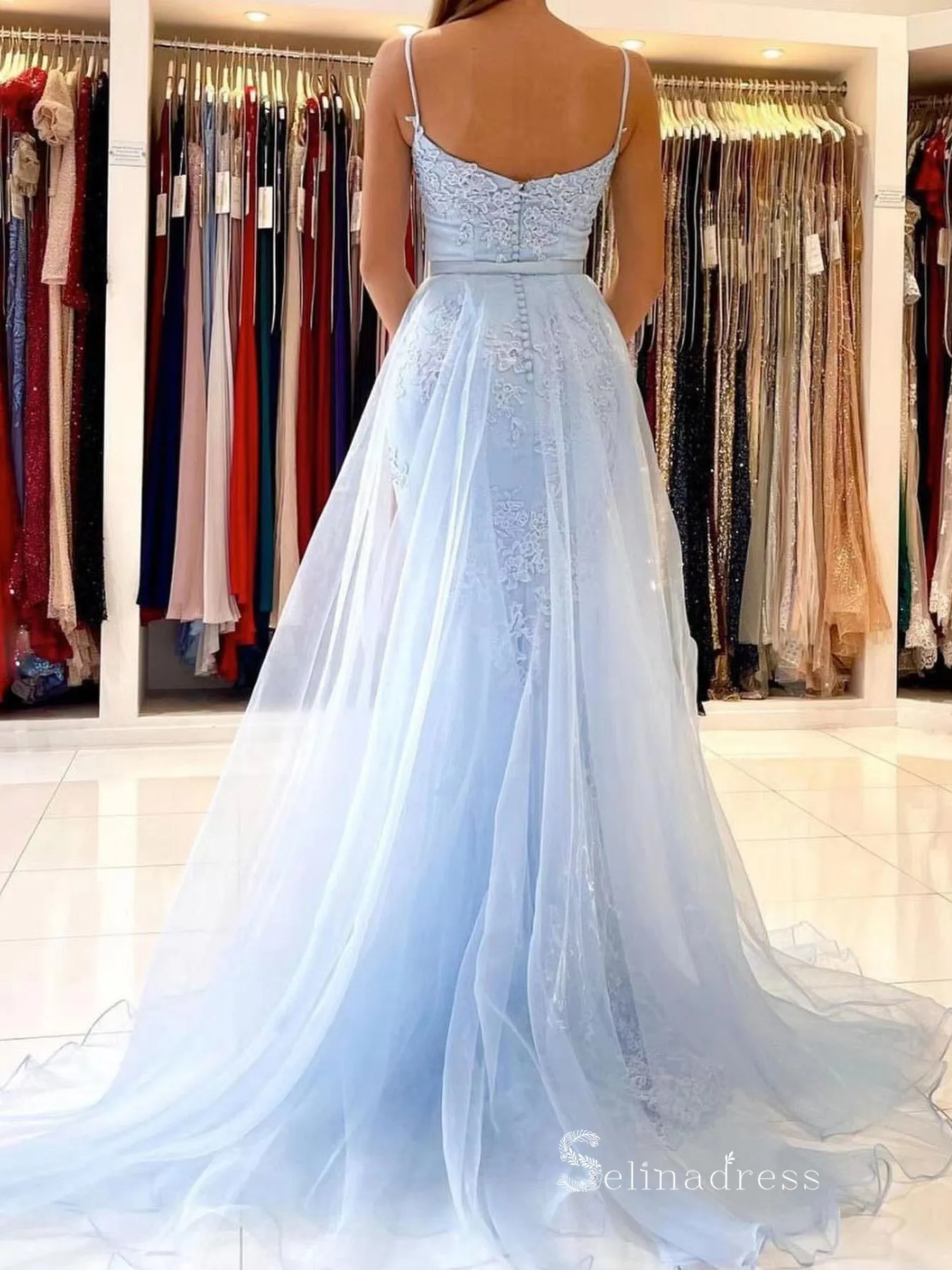 Chic Mermaid Spaghetti Straps Light Sky Blue Long Prom Dresses Applique Evening Dress MLK030