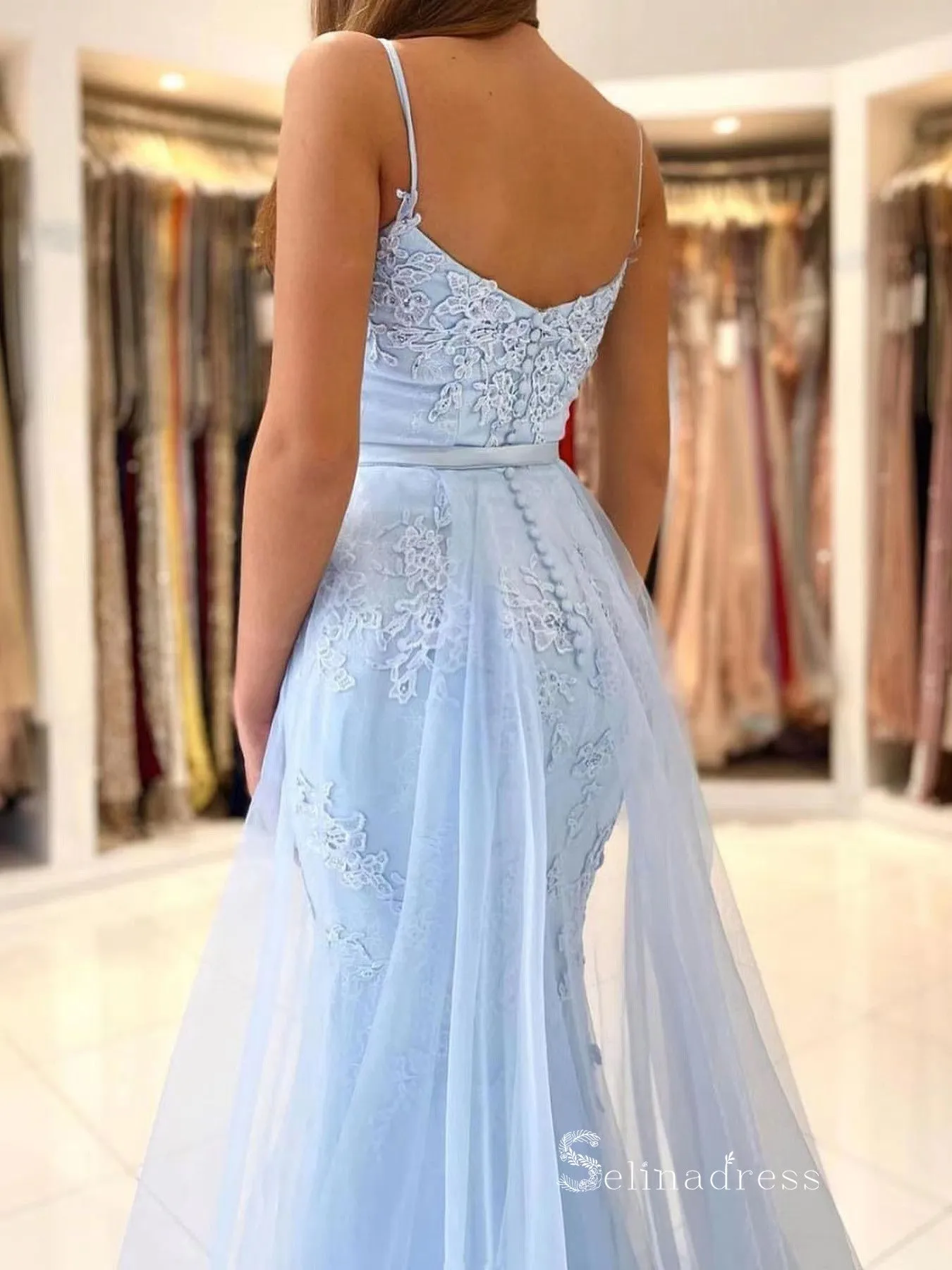 Chic Mermaid Spaghetti Straps Light Sky Blue Long Prom Dresses Applique Evening Dress MLK030