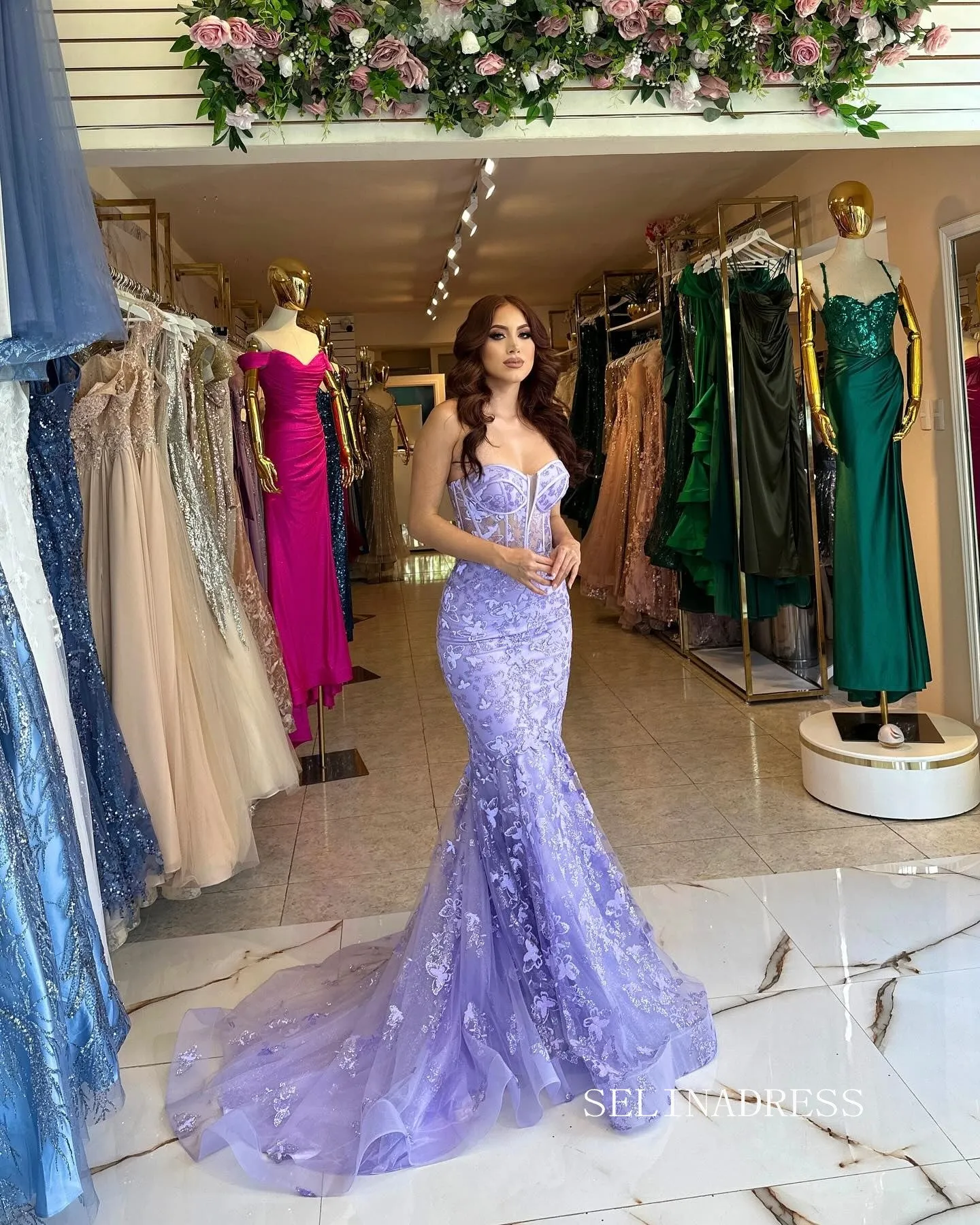 Chic Mermaid Strapless Lavender Long Prom Dresses Elegant Evening Dress sew03345