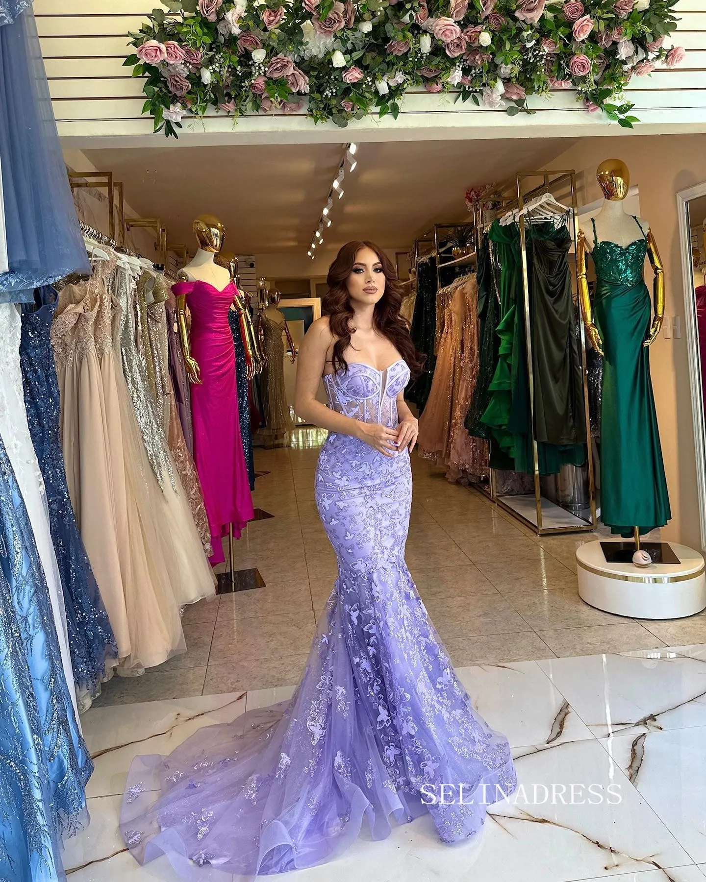 Chic Mermaid Strapless Lavender Long Prom Dresses Elegant Evening Dress sew03345