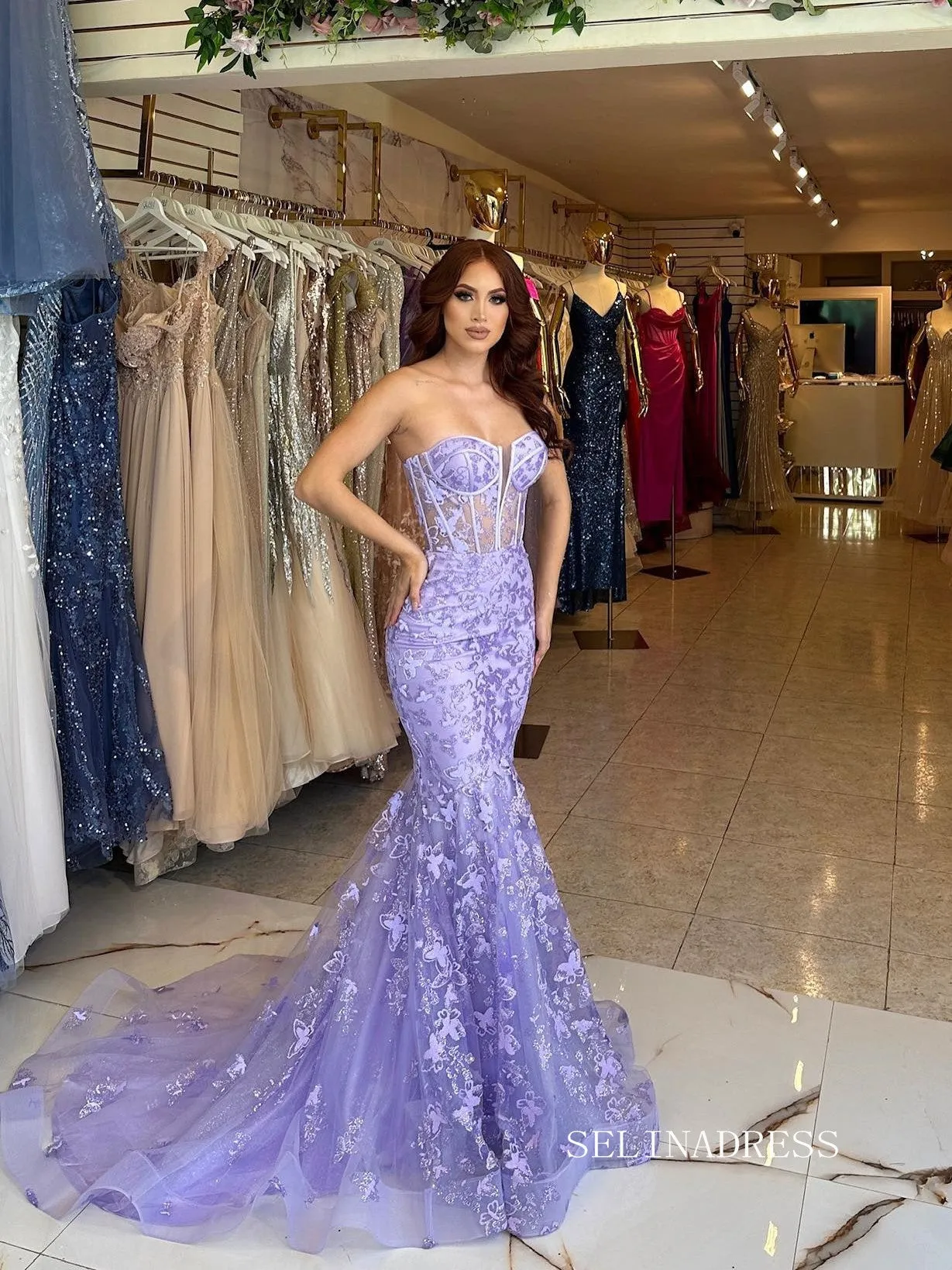 Chic Mermaid Strapless Lavender Long Prom Dresses Elegant Evening Dress sew03345