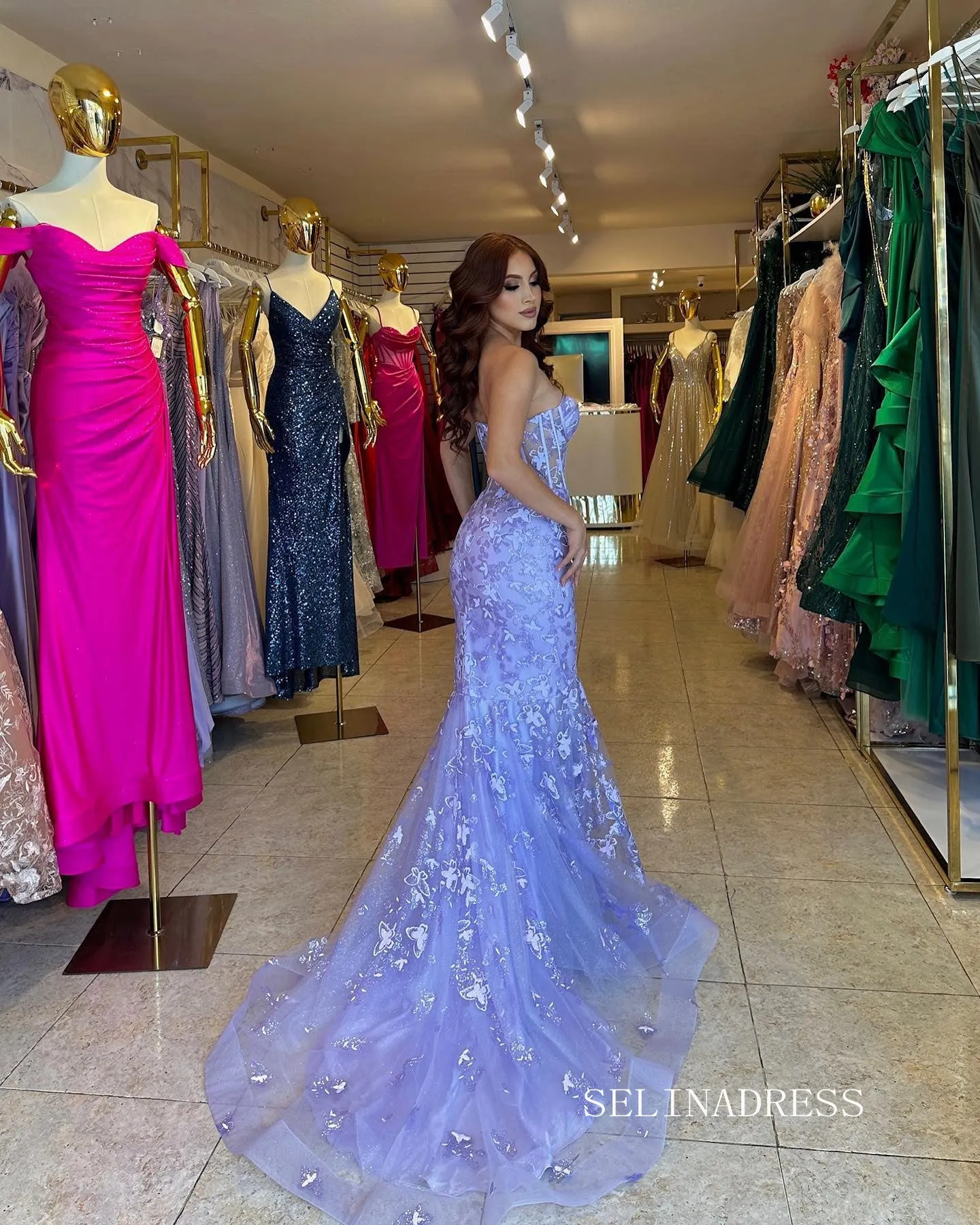 Chic Mermaid Strapless Lavender Long Prom Dresses Elegant Evening Dress sew03345