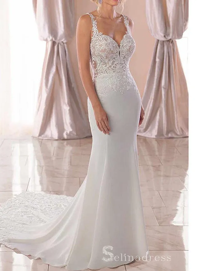 Chic Mermaid Straps Lace Wedding Dresses Modest Bridal Gowns CBD413