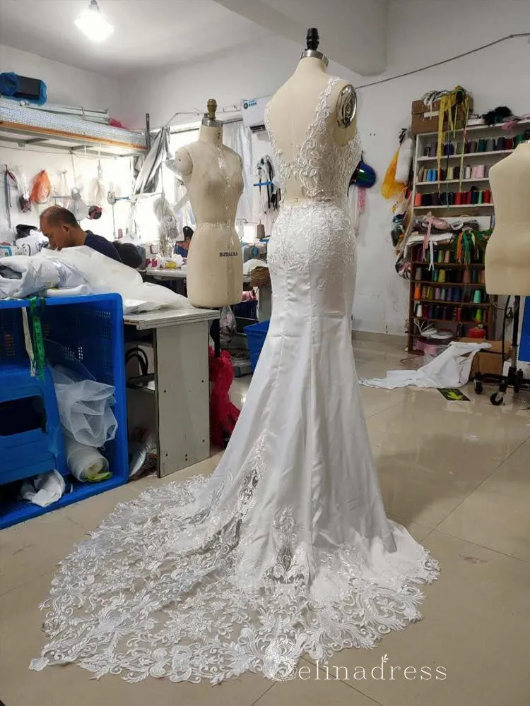 Chic Mermaid Straps Lace Wedding Dresses Modest Bridal Gowns CBD413