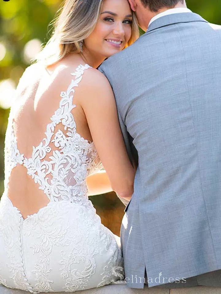 Chic Mermaid Straps Lace Wedding Dresses Modest Bridal Gowns CBD413