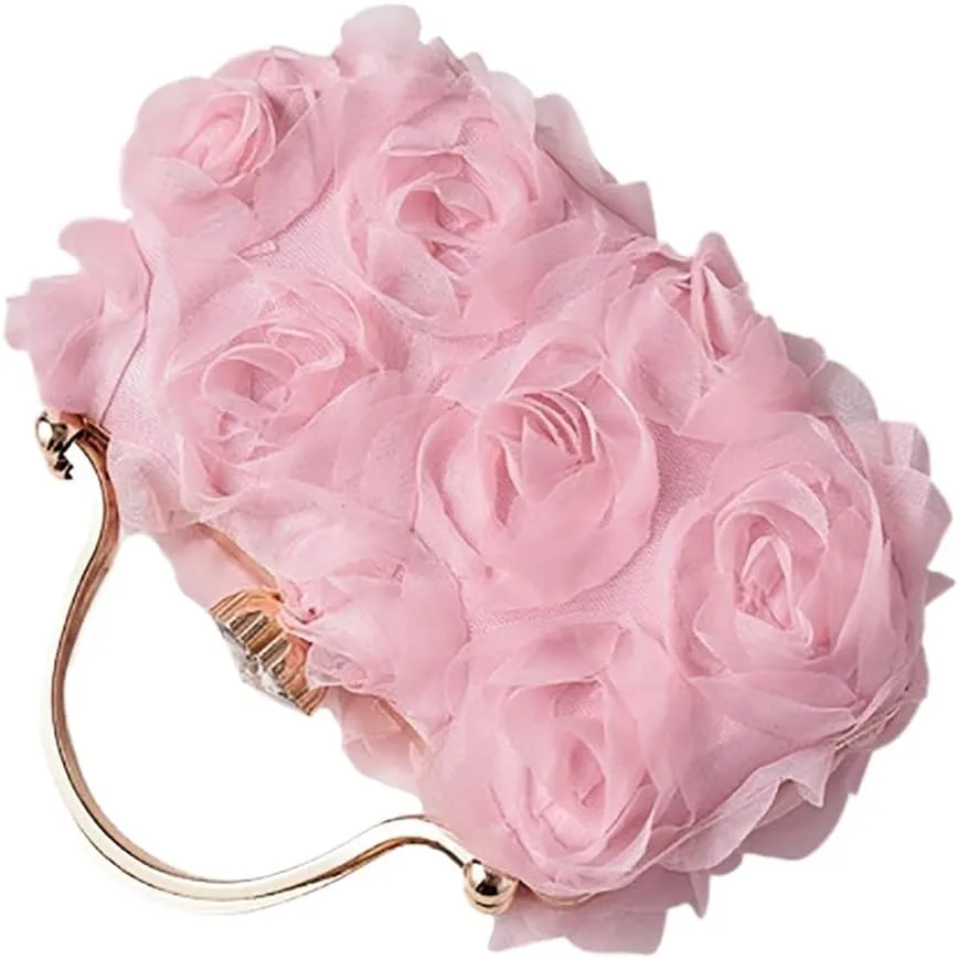 Chiffon Floral Clutch Purse Elegant Flower Evening Bag with Removal Chain Bridal Bridesmaid Shoulder Bag for Women