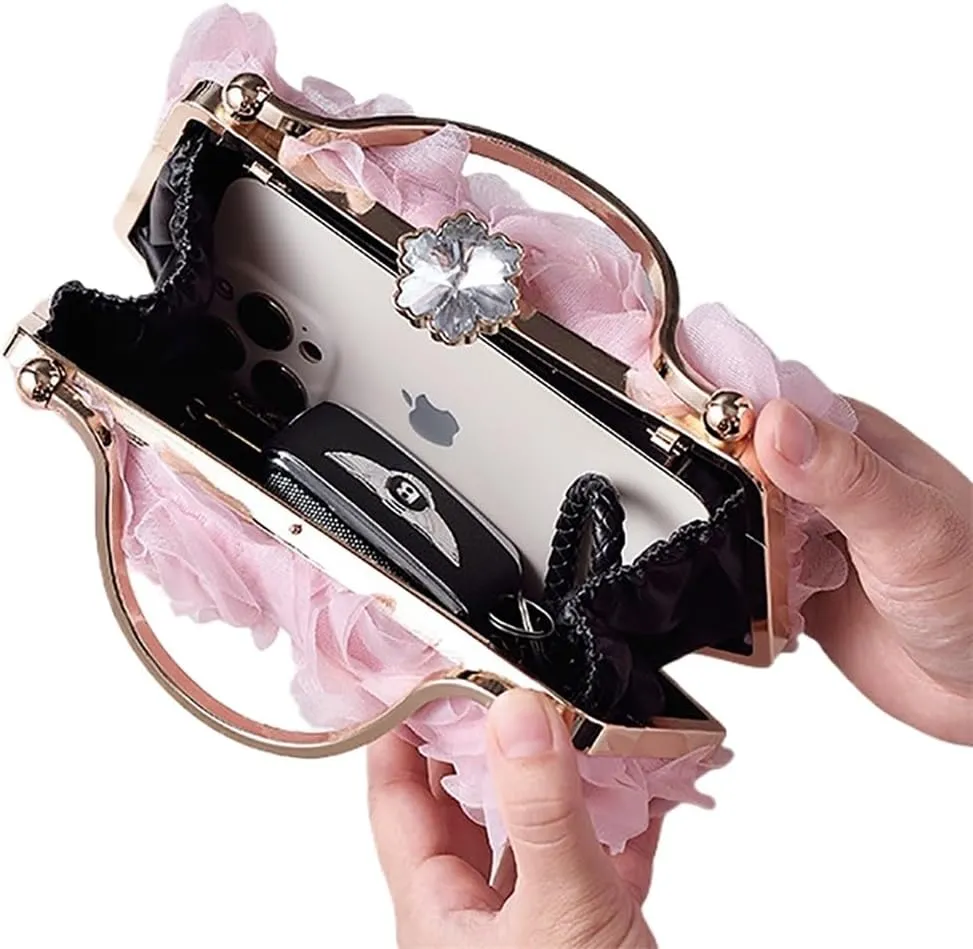 Chiffon Floral Clutch Purse Elegant Flower Evening Bag with Removal Chain Bridal Bridesmaid Shoulder Bag for Women