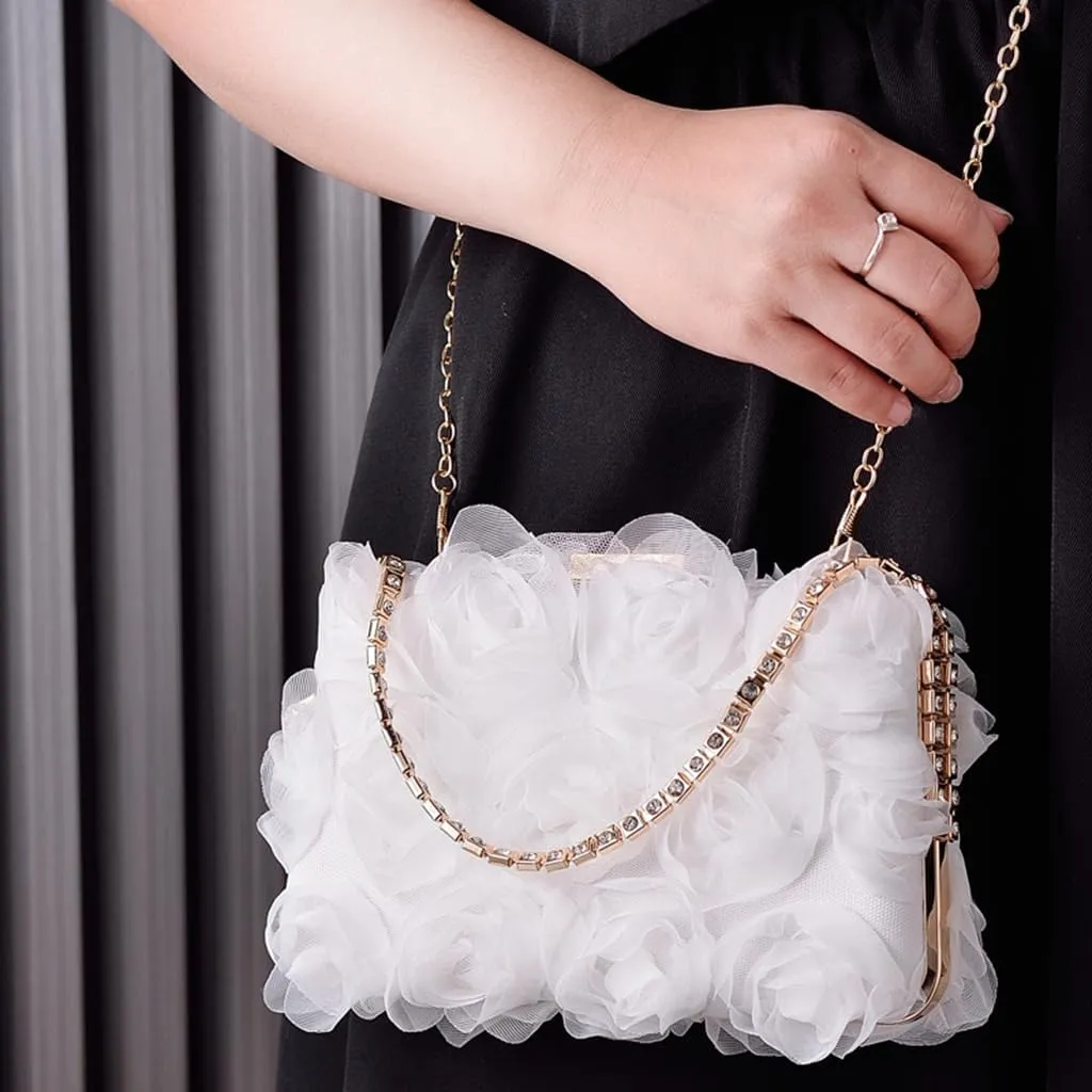 Chiffon Floral Clutch Purse Elegant Flower Evening Bag with Removal Chain Bridal Bridesmaid Shoulder Bag for Women