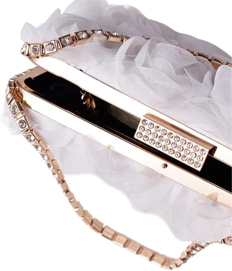 Chiffon Floral Clutch Purse Elegant Flower Evening Bag with Removal Chain Bridal Bridesmaid Shoulder Bag for Women